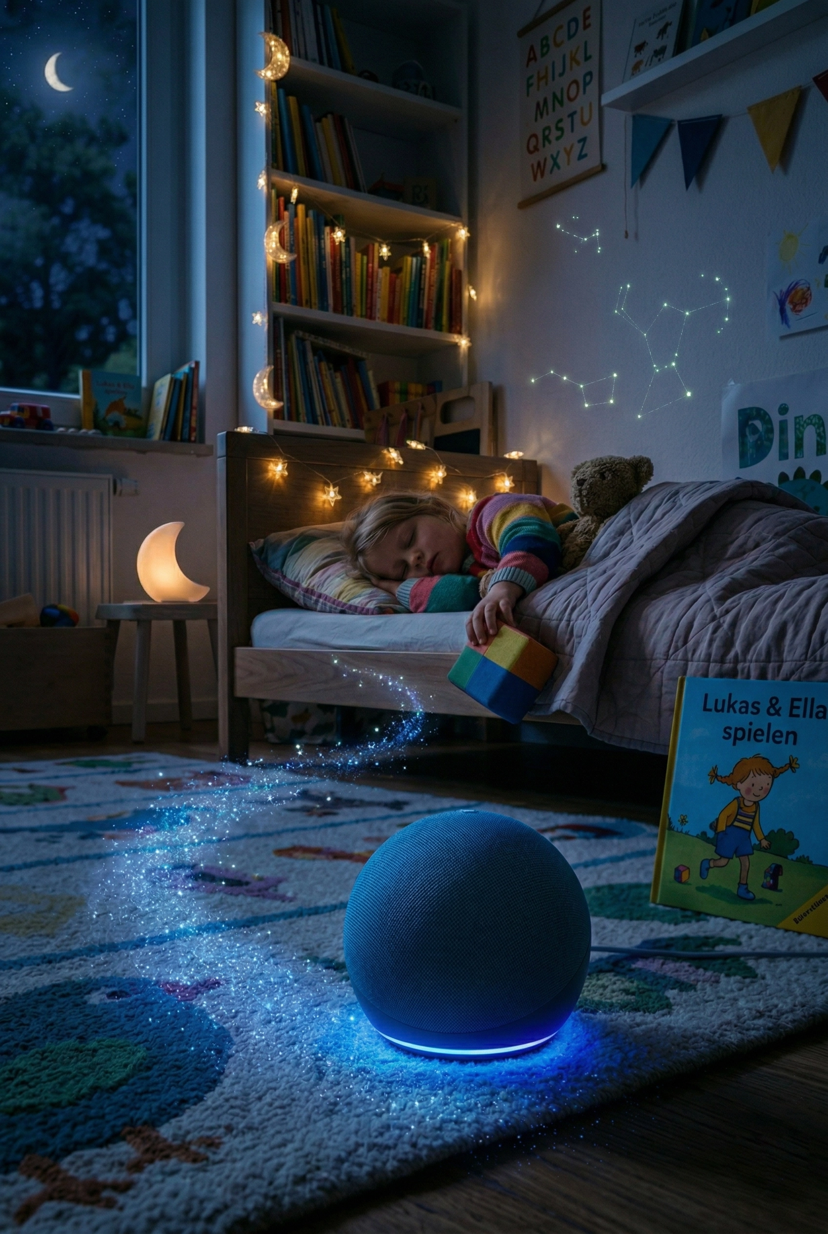 Echo Dot im Kinderzimmer abends – My Tales per Alexa