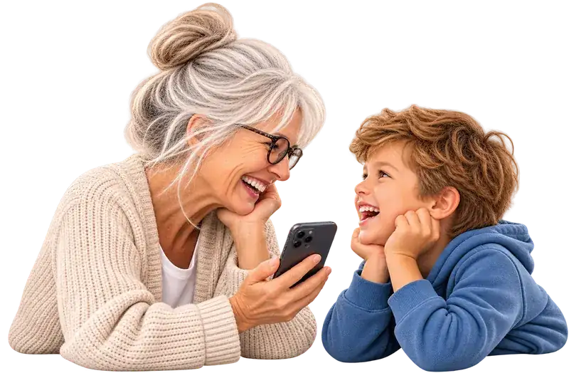 Oma und Enkelkind lauschen gemeinsam einer personalisierten Geschichte