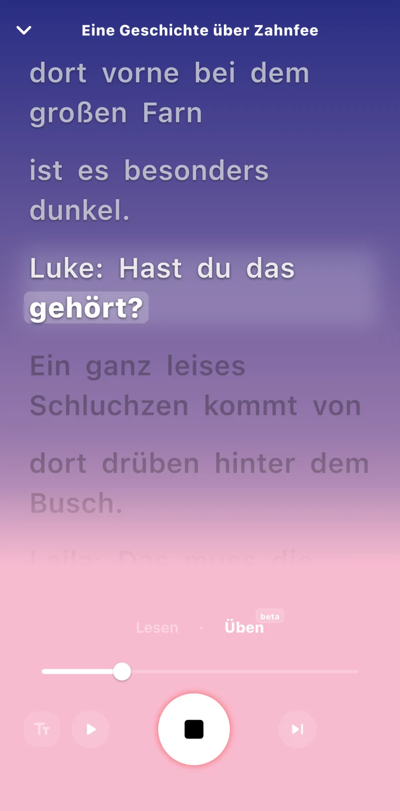 MyTales App im Modus Lesen üben mit hervorgehobenen Wörtern einer Zahnfee-Geschichte