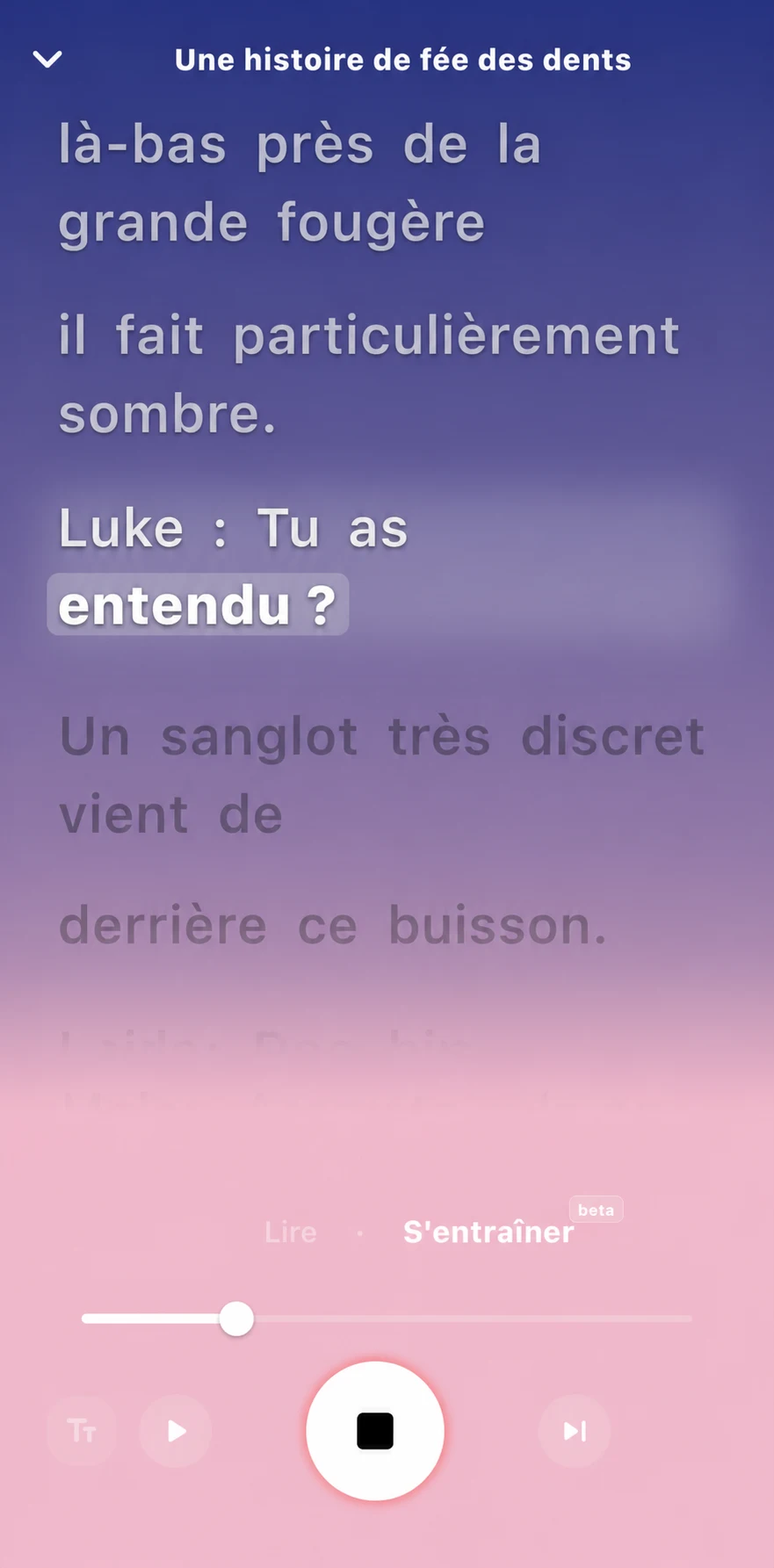 Mode de lecture MyTales en français avec les mots surlignés dans une histoire de fée des dents