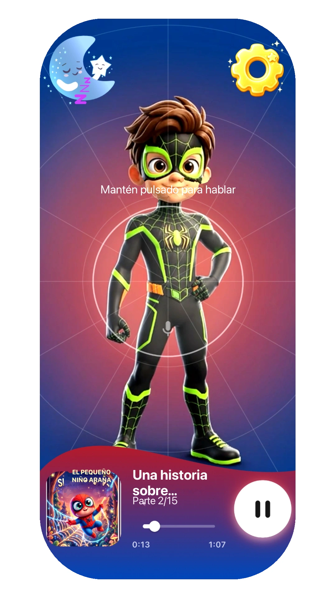 Pantalla original de MyTales con el héroe araña y una indicación de voz en español